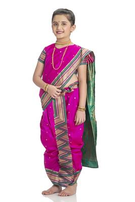 Bhartiya Paridhan Girls Ready To Wear Traditional 9 Var Rani Pink Shahi Mastani Saree With Stitched Blouse 2