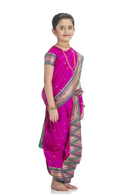 Bhartiya Paridhan Girls Ready To Wear Traditional 9 Var Rani Pink Shahi Mastani Saree With Stitched Blouse 3