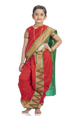 Bhartiya Paridhan Girls Ready To Wear Traditional 9 Var Red Shahi Mastani Saree With Stitched Blouse 1