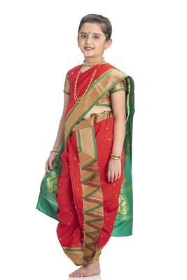 Bhartiya Paridhan Girls Ready To Wear Traditional 9 Var Red Shahi Mastani Saree With Stitched Blouse 2
