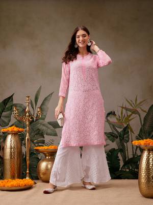 Hand Crafted Baby Pink Georgette Lucknowi Chikankari Indian Women Kurta 1