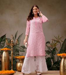 Hand Crafted Baby Pink Georgette Lucknowi Chikankari Indian Women Kurta