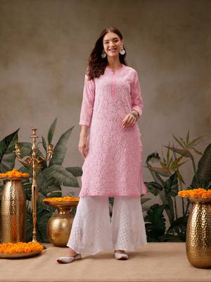 Hand Crafted Baby Pink Georgette Lucknowi Chikankari Indian Women Kurta 3