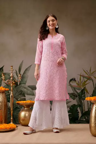 Hand Crafted Baby Pink Georgette Lucknowi Chikankari Indian Women Kurta