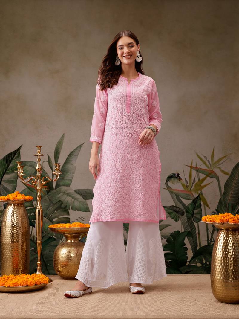 Hand Crafted Baby Pink Georgette Lucknowi Chikankari Indian Women Kurta