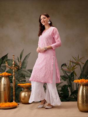 Hand Crafted Baby Pink Georgette Lucknowi Chikankari Indian Women Kurta 4