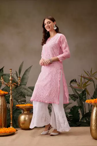 Hand Crafted Baby Pink Georgette Lucknowi Chikankari Indian Women Kurta