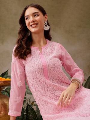 Hand Crafted Baby Pink Georgette Lucknowi Chikankari Indian Women Kurta 5