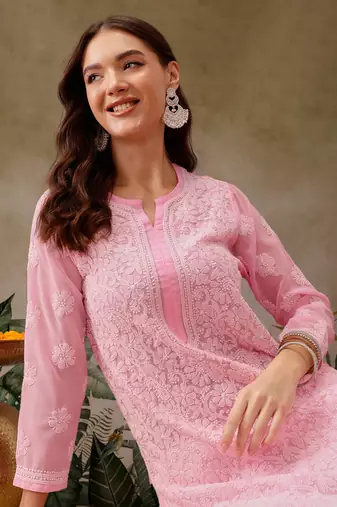 Hand Crafted Baby Pink Georgette Lucknowi Chikankari Indian Women Kurta
