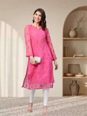 Hand Embroidered Dark Pink Faux Georgette Lucknowi Chikankari Women Kurta With Slip 1