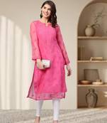 Hand Embroidered Dark Pink Faux Georgette Lucknowi Chikankari Women Kurta With Slip