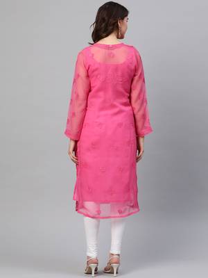 Hand Embroidered Dark Pink Faux Georgette Lucknowi Chikankari Women Kurta With Slip 2