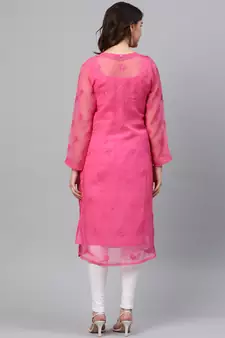 Hand Embroidered Dark Pink Faux Georgette Lucknowi Chikankari Women Kurta With Slip