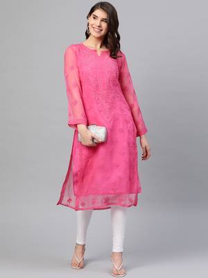 Hand Embroidered Dark Pink Faux Georgette Lucknowi Chikankari Women Kurta With Slip 3