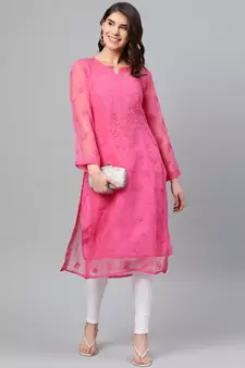 Hand Embroidered Dark Pink Faux Georgette Lucknowi Chikankari Women Kurta With Slip
