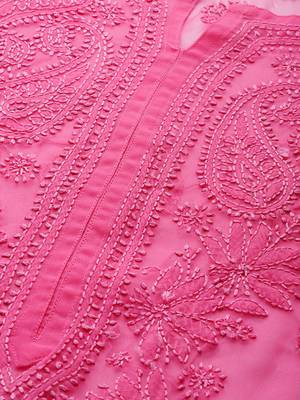 Hand Embroidered Dark Pink Faux Georgette Lucknowi Chikankari Women Kurta With Slip 5