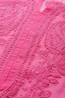 Hand Embroidered Dark Pink Faux Georgette Lucknowi Chikankari Women Kurta With Slip