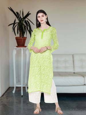 Ada Hand Embroidered Green Faux Georgette Lucknow Chikan Kurti - A105281 1