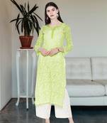 Ada Hand Embroidered Green Faux Georgette Lucknow Chikan Kurti - A105281