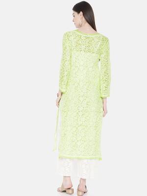 Ada Hand Embroidered Green Faux Georgette Lucknow Chikan Kurti - A105281 2