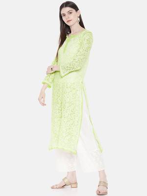 Ada Hand Embroidered Green Faux Georgette Lucknow Chikan Kurti - A105281 3