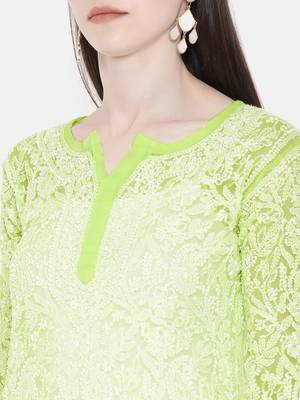 Ada Hand Embroidered Green Faux Georgette Lucknow Chikan Kurti - A105281 5