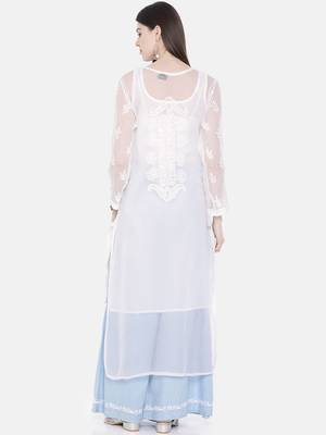 Ada Hand Embroidered White Faux Georgette Lucknowi Chikankari Indian Women Kurta with Slip - A218968 2