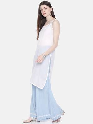 Ada Hand Embroidered White Faux Georgette Lucknowi Chikankari Indian Women Kurta with Slip - A218968 4