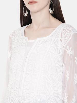 Ada Hand Embroidered White Faux Georgette Lucknowi Chikankari Indian Women Kurta with Slip - A218968 5