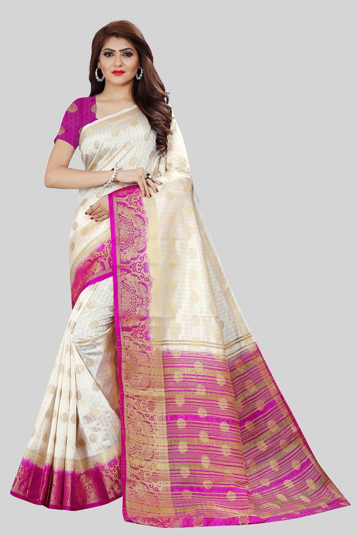 Off White kanjivaram silk with weaving peacock jari butta saree with blouse