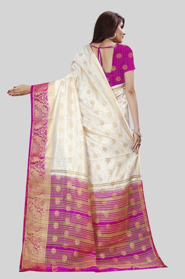 Off White kanjivaram silk with weaving peacock jari butta saree with blouse