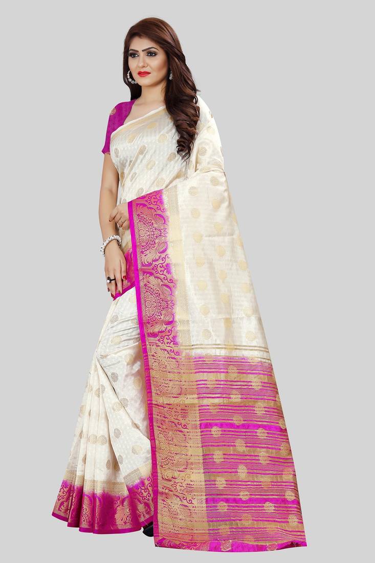 Off White kanjivaram silk with weaving peacock jari butta saree with blouse