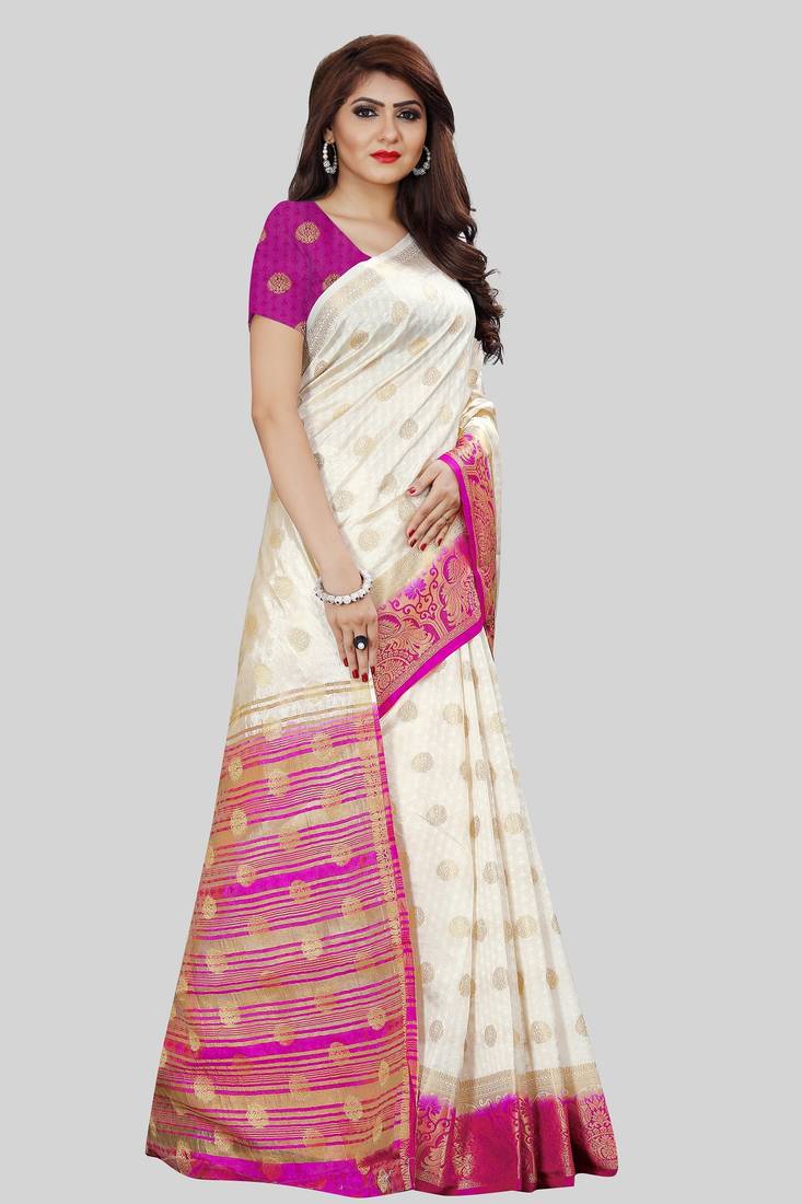 Off White kanjivaram silk with weaving peacock jari butta saree with blouse