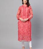 Ada Hand Embroidered Carrot Pink Georgette Lucknow Chikan Kurta with Slip - A225881