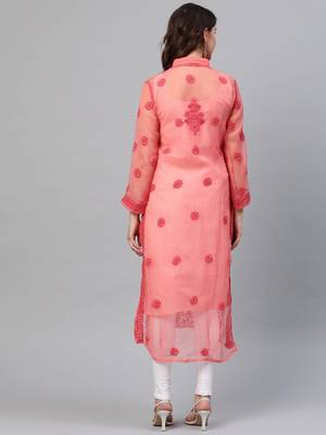 Ada Hand Embroidered Carrot Pink Georgette Lucknow Chikan Kurta with Slip - A225881 2