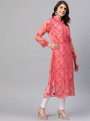 Ada Hand Embroidered Carrot Pink Georgette Lucknow Chikan Kurta with Slip - A225881 3