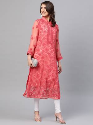 Ada Hand Embroidered Carrot Pink Georgette Lucknow Chikan Kurta with Slip - A225881 4