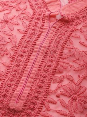 Ada Hand Embroidered Carrot Pink Georgette Lucknow Chikan Kurta with Slip - A225881 5