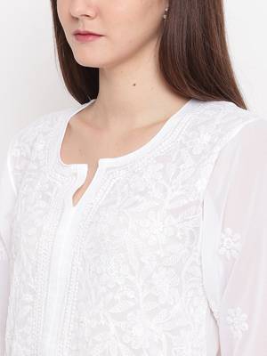 Ada Hand Embroidered White Georgette Lucknow Chikankari Women Kurta - A95485 5