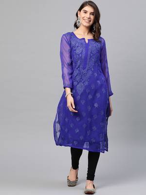 Ada Hand Embroidered Royal Blue Faux Georgette Lucknow Chikan Women Kurti with Slip - A229395 1