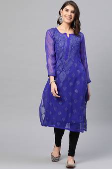 Ada Hand Embroidered Royal Blue Faux Georgette Lucknow Chikan Women Kurti with Slip - A229395