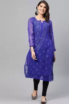 Ada Hand Embroidered Royal Blue Faux Georgette Lucknow Chikan Women Kurti with Slip - A229395