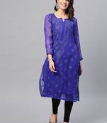 Ada Hand Embroidered Royal Blue Faux Georgette Lucknow Chikan Women Kurti with Slip - A229395