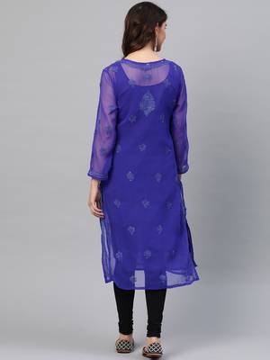 Ada Hand Embroidered Royal Blue Faux Georgette Lucknow Chikan Women Kurti with Slip - A229395 2