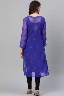 Ada Hand Embroidered Royal Blue Faux Georgette Lucknow Chikan Women Kurti with Slip - A229395