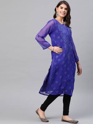 Ada Hand Embroidered Royal Blue Faux Georgette Lucknow Chikan Women Kurti with Slip - A229395 3