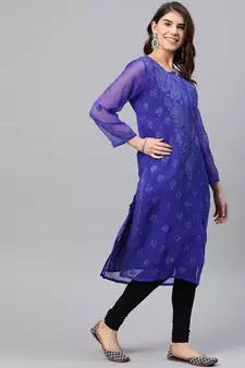 Ada Hand Embroidered Royal Blue Faux Georgette Lucknow Chikan Women Kurti with Slip - A229395