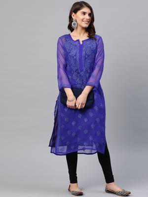 Ada Hand Embroidered Royal Blue Faux Georgette Lucknow Chikan Women Kurti with Slip - A229395 4