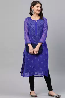 Ada Hand Embroidered Royal Blue Faux Georgette Lucknow Chikan Women Kurti with Slip - A229395