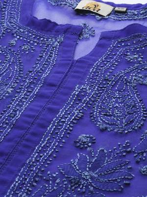 Ada Hand Embroidered Royal Blue Faux Georgette Lucknow Chikan Women Kurti with Slip - A229395 5